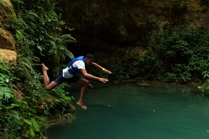 Jumping into Island Gully Falls (Blue Hole), Ocho Rios