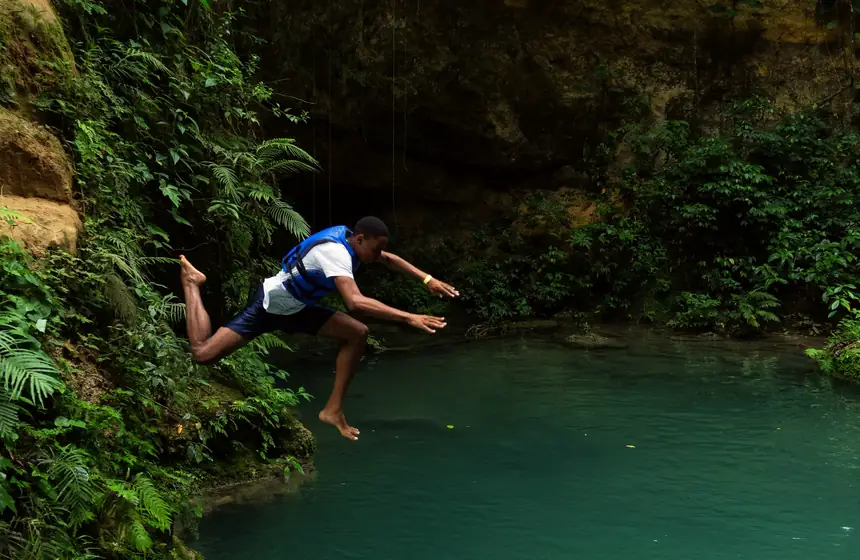 Jumping into Island Gully Falls (Blue Hole), Ocho Rios