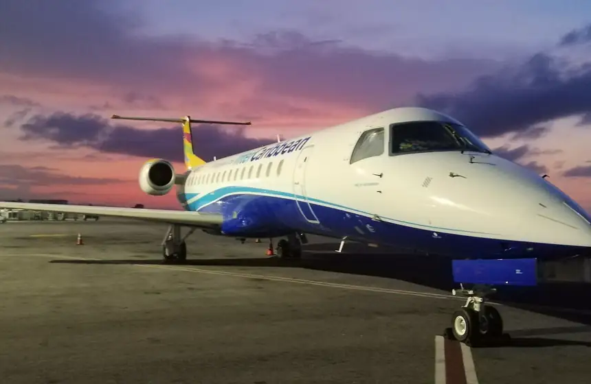 InterCaribbean plane on the apron at Sangster International Airport (MBJ) at sunset
